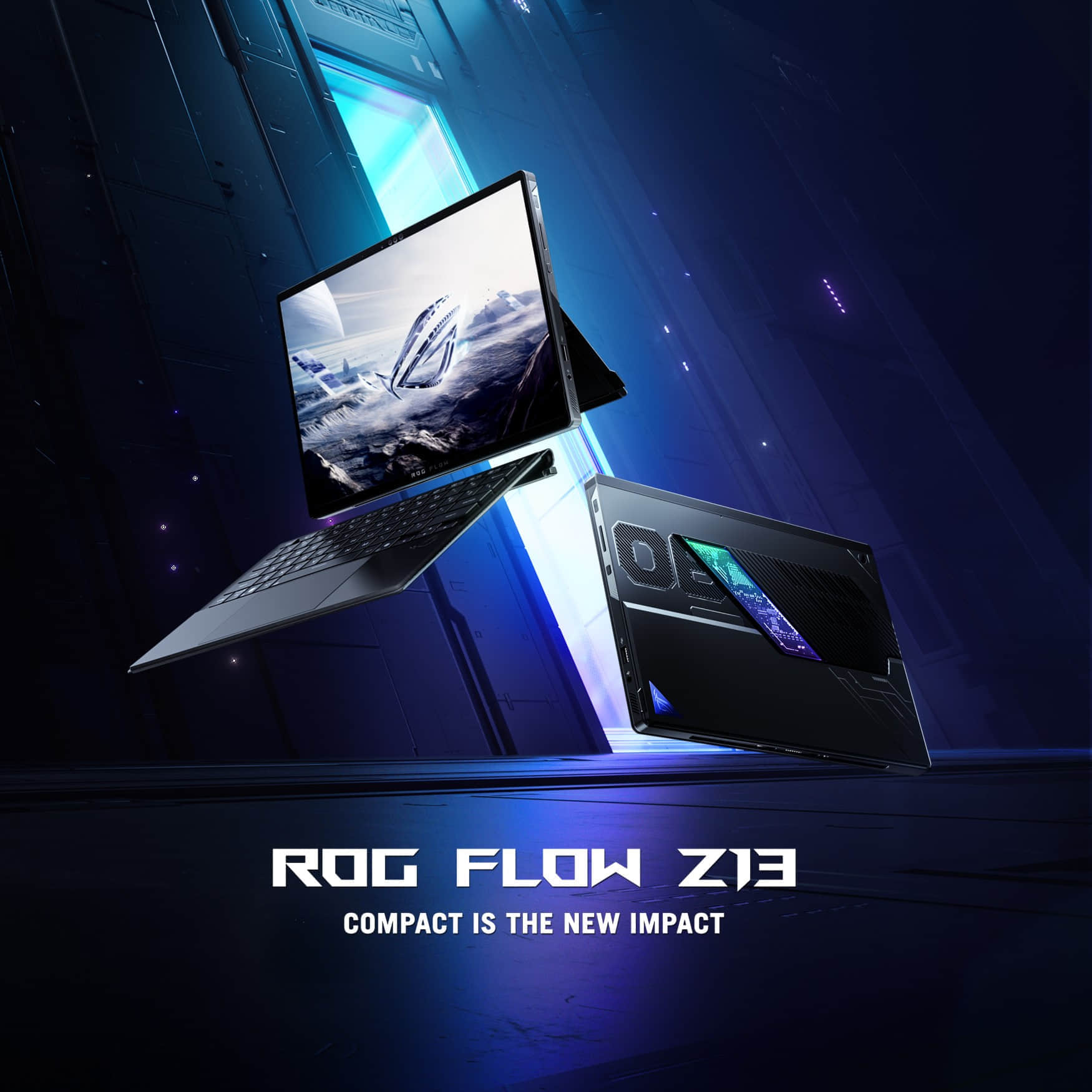 01_The-ROG-Z13-floating-in-a-sci-fi-inspired-setting-showcasing-its-screen-with-a-futuristic-landscape-and-sleek-back-design