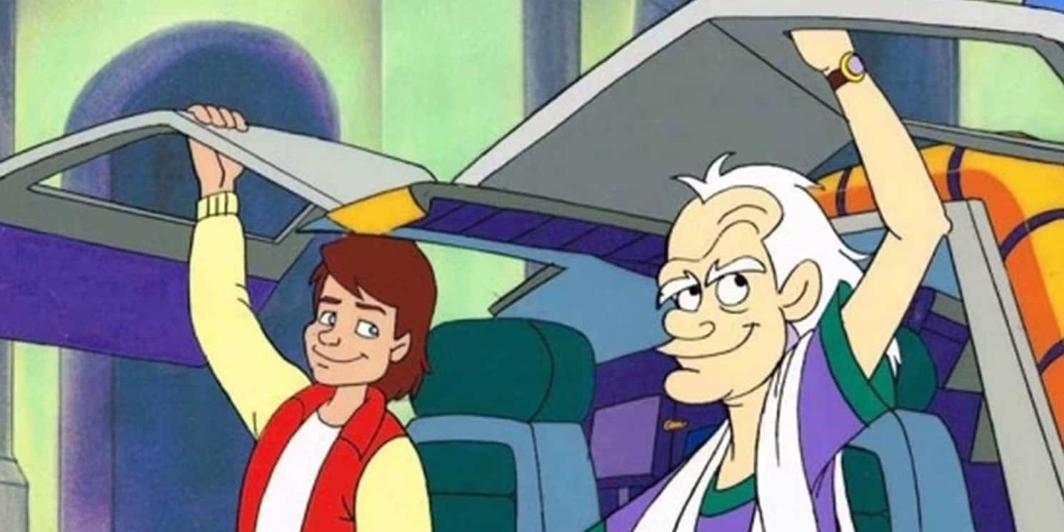 doc-and-marty-sitting-in-the-rebuilt-delorean-in-the-back-to-the-future-tv-show