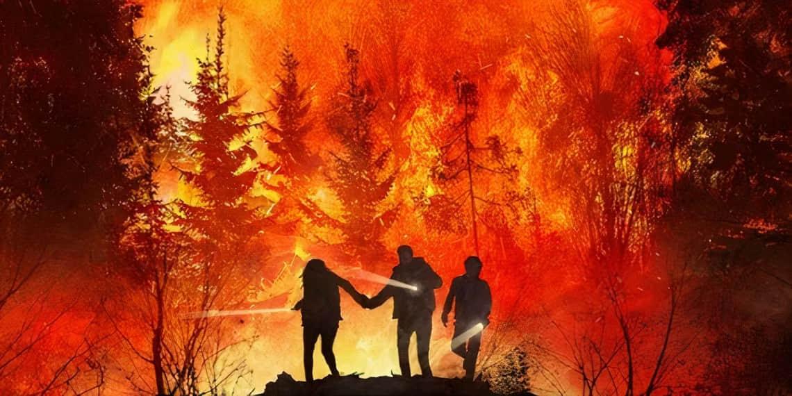 three-people-with-flashlights-surrounded-by-wildfire-in-the-2023-movie-on-fire