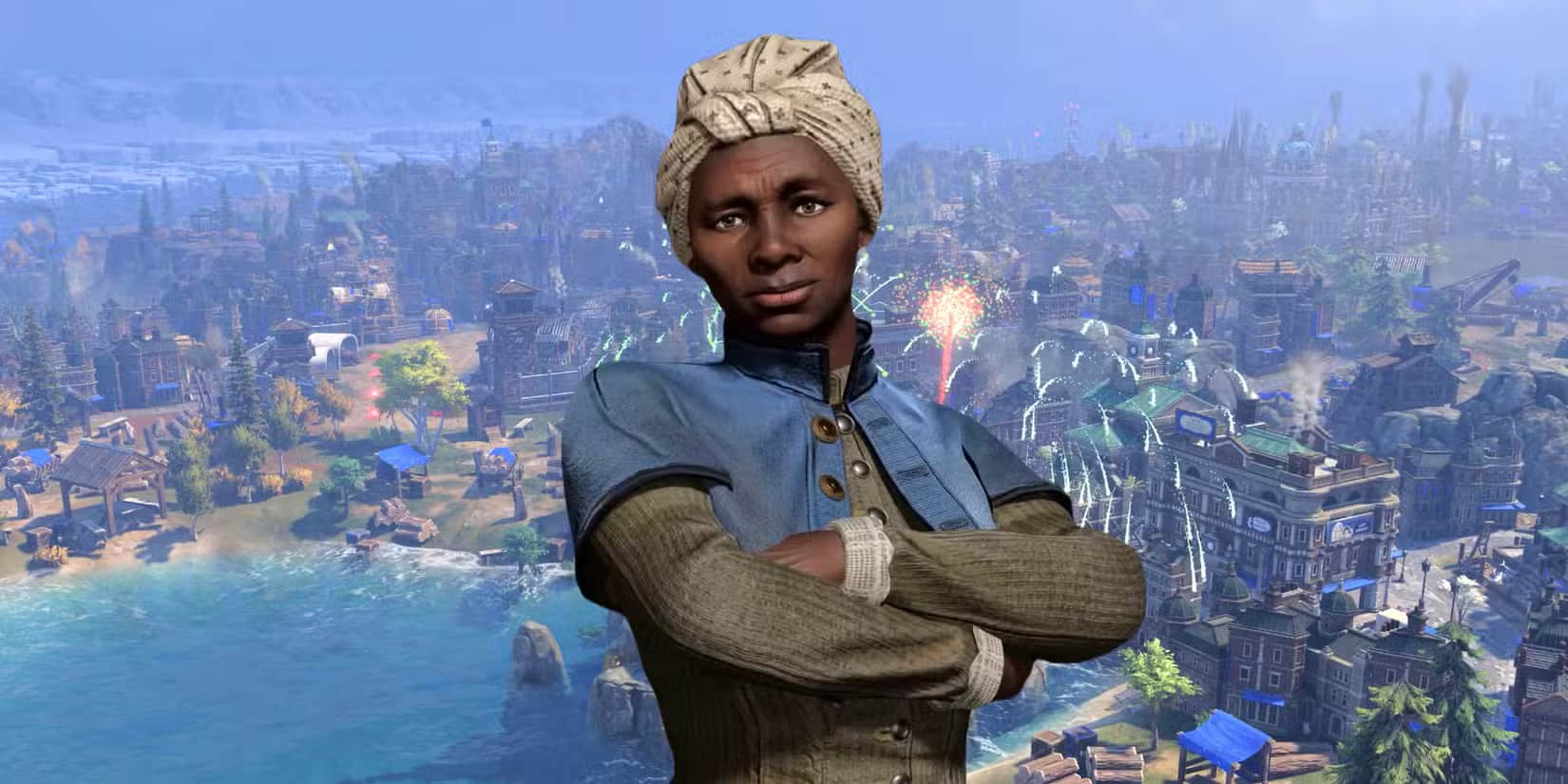 harriet-tubman-crosses-her-arms-in-front-of-a-wide-view-of-the-map-in-civ-7-with-fireworks-going-off