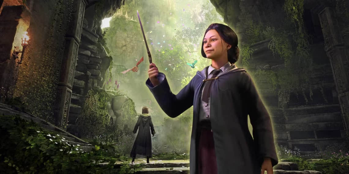 hogwarts-legacy-student-holding-up-a-wand-in-front-of-an-image-from-hogwarts-legacy-with-magical-creatures