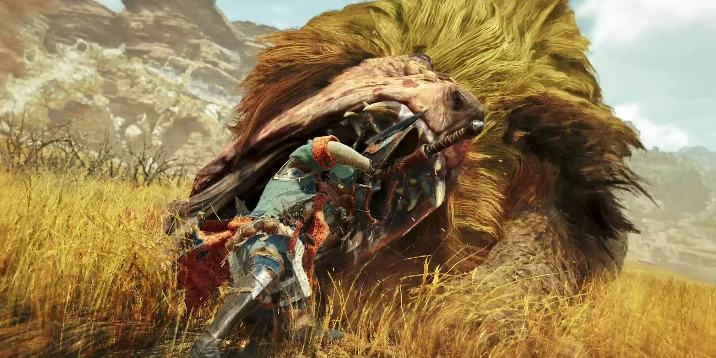 a-doshaguma-lunging-at-a-player-character-mouth-wide-open-in-monster-hunter-wilds