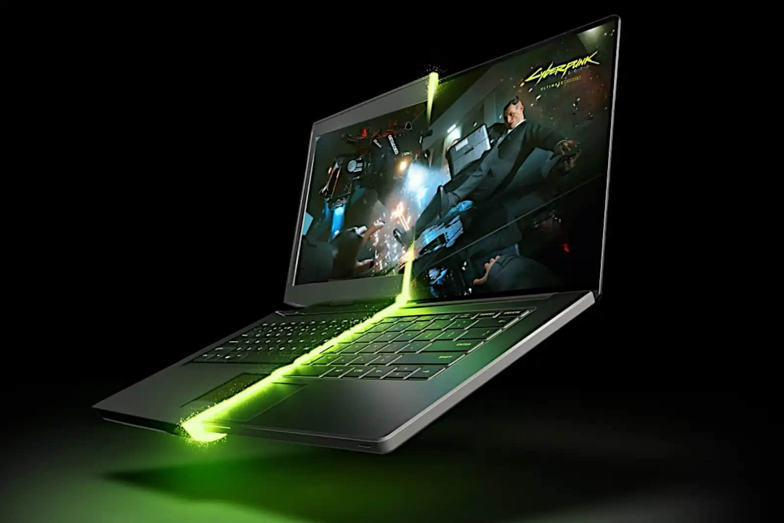 Nvidia-RTX-50-Series-gaming-laptop-with-Cyberpunk-on-screen-promo