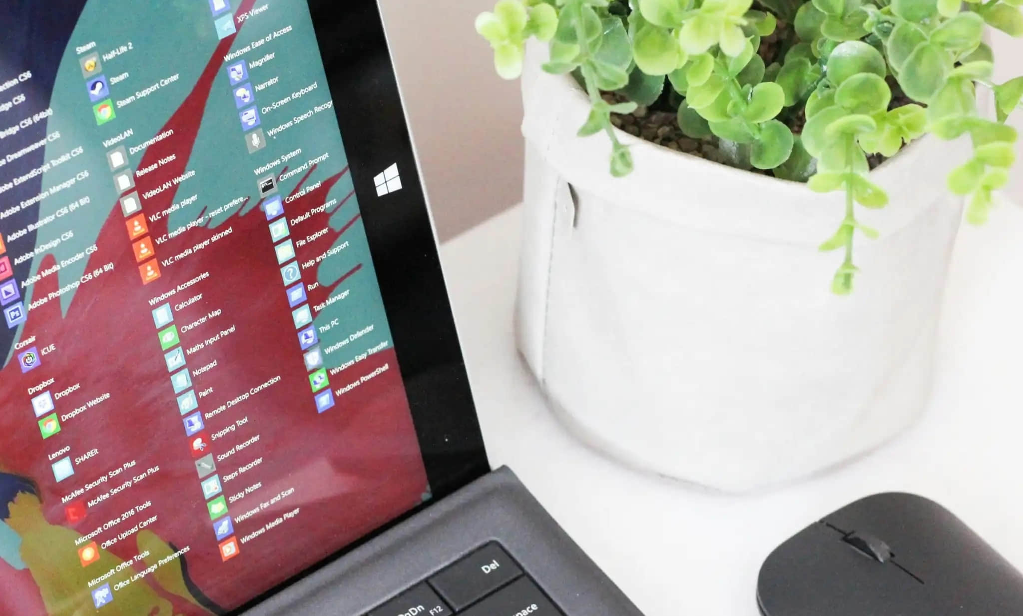 List-of-apps-on-Windows-PC-laptop-next-to-plant-and-mouse-on-desk